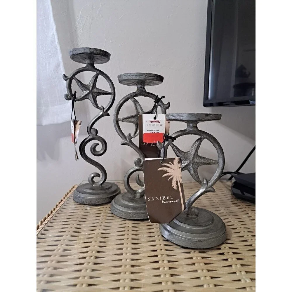 Set of 3 Sanibel Home Metal Graduated Height Pillar Candle Holders Starfish